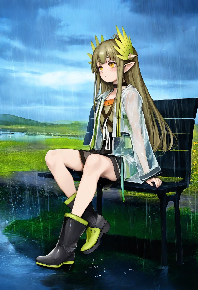 nanashi \(nlo\),ask\(askzy\),yuuji \(and\),phantom ix row,lm7\(op-center\),mamimi \(mamamimi\), - 1girl,muelsyse \(arknights\),arknights,cloudy sky,grass,on bench,outdoors,rain,road,yellow rubber boots,see-through coat,sitting,transparent raincoat,water drop,