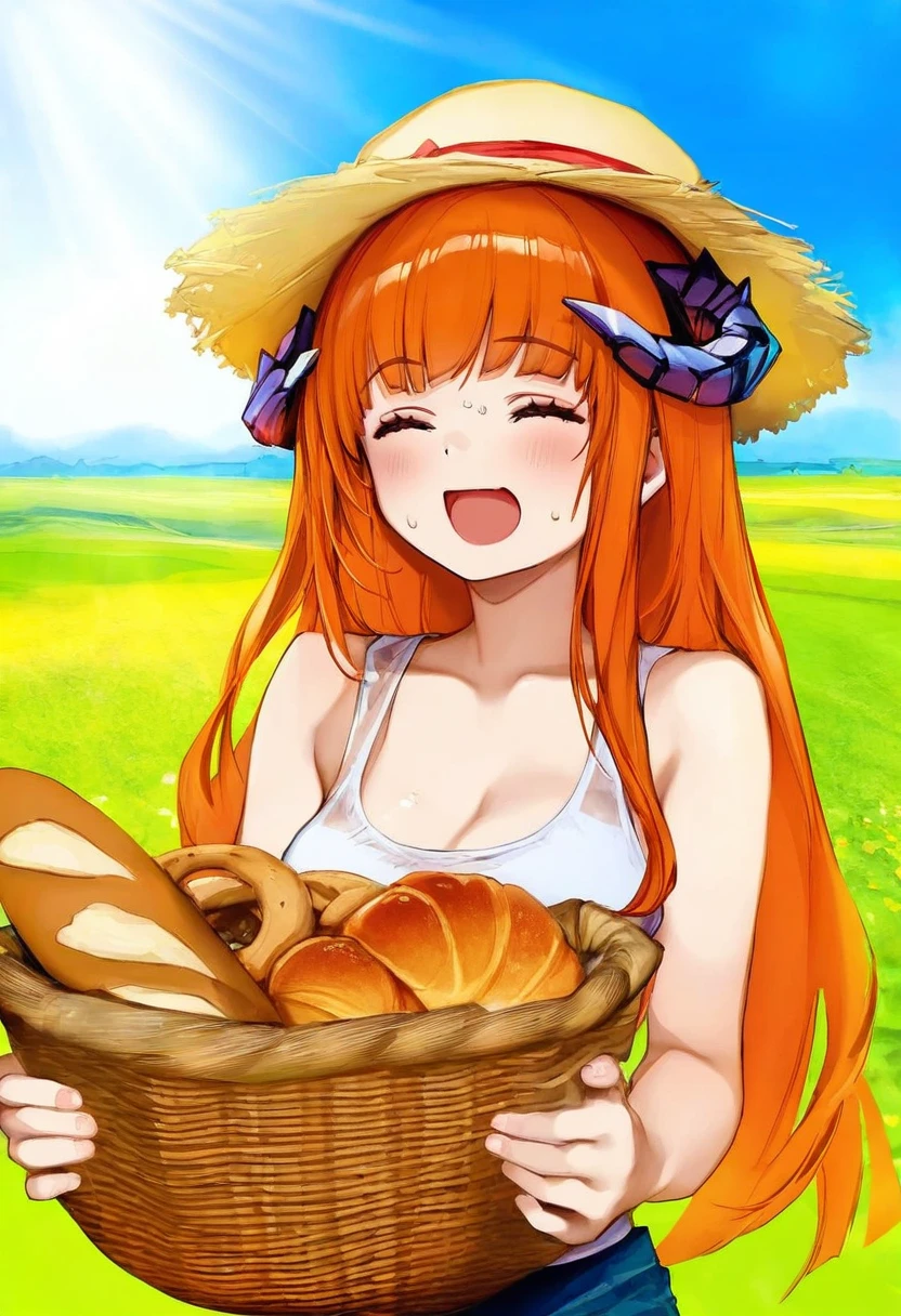 nanashi \(nlo\),ask\(askzy\),yuuji \(and\),phantom ix row,lm7\(op-center\),mamimi \(mamamimi\), - 1girl,bagpipe \(arknights\),arknights,baguette,blush,bread,croissant,holding basket,pretzel,upper body,straw hat,field,sky,laughing,sweat,sunlight,