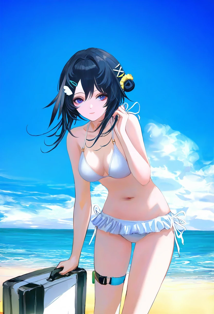 miv4t,you shimizu,infukun,toi8,ningen mame,sheya,wlop, - 1girl,la pluma \(summer flowers\) \(arknights\),arknights,white bikini,outdoors,navel,day,sky,blue sky,beach,suitcase,looking at viewer,ocean,low-tied long hair,leaning forward,standing,holding,frills,hand up,bare shoulders,floating hair,