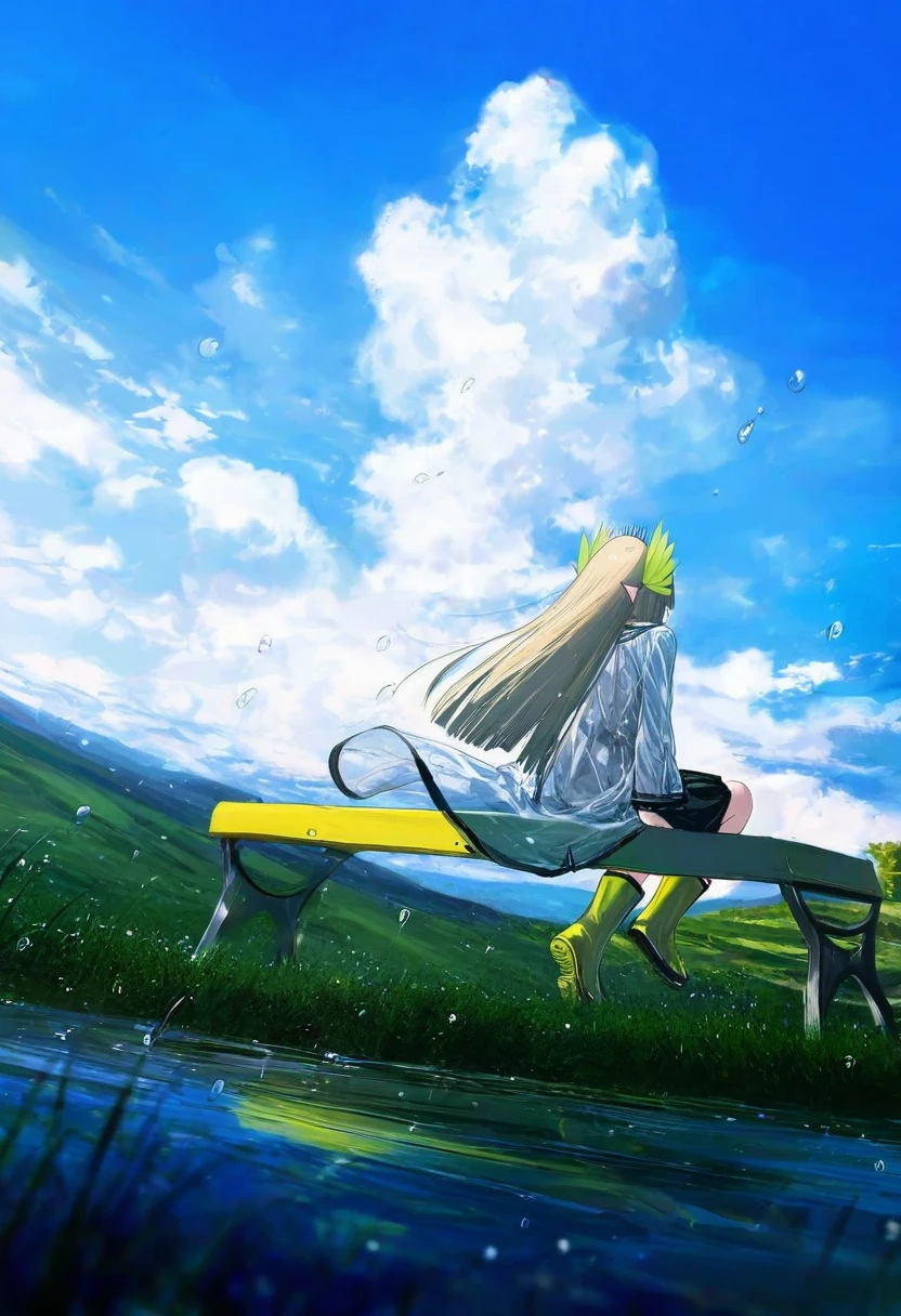 miv4t,you shimizu,infukun,toi8,ningen mame,sheya,wlop, - 1girl,muelsyse \(arknights\),arknights,cloudy sky,grass,on bench,outdoors,rain,road,yellow rubber boots,see-through coat,sitting,transparent raincoat,water drop,