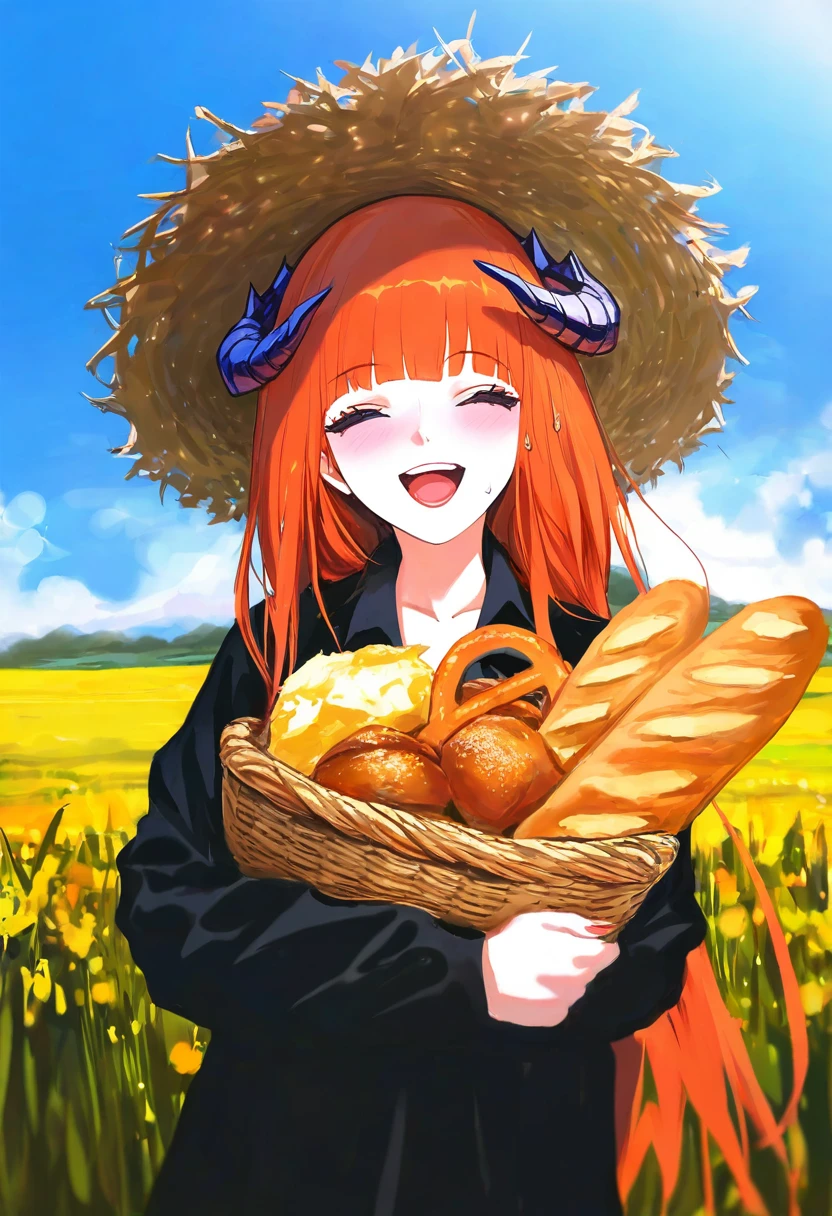 miv4t,you shimizu,infukun,toi8,ningen mame,sheya,wlop, - 1girl,bagpipe \(arknights\),arknights,baguette,blush,bread,croissant,holding basket,pretzel,upper body,straw hat,field,sky,laughing,sweat,sunlight,
