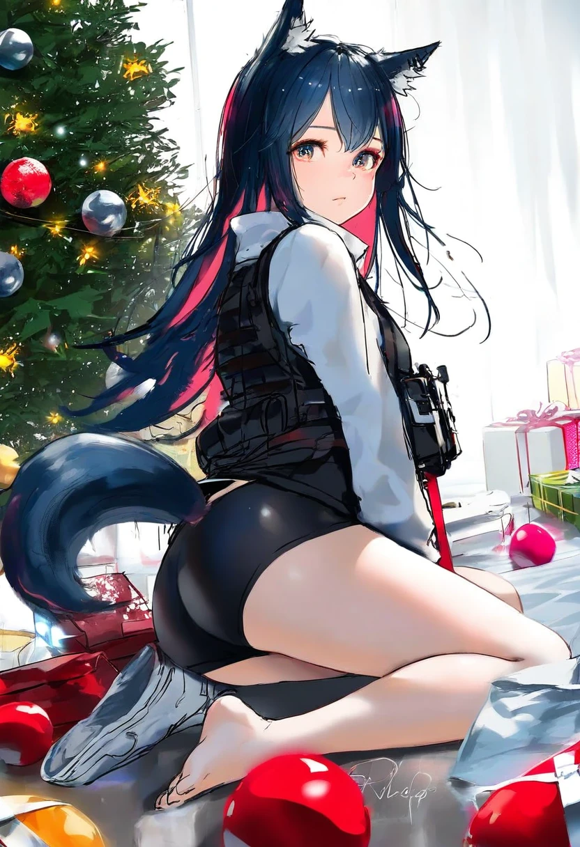 milkychu,hoji\(hooooooooji1029\),yoshinari you,mika pikazo,wlop, - 1girl,texas \(arknights\),arknights,underwear,tactical vest,christmas tree,christmas ornaments,