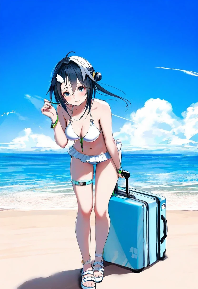 milkychu,hoji\(hooooooooji1029\),yoshinari you,mika pikazo,wlop, - 1girl,la pluma \(summer flowers\) \(arknights\),arknights,white bikini,outdoors,navel,day,sky,blue sky,beach,suitcase,looking at viewer,ocean,low-tied long hair,leaning forward,standing,holding,frills,hand up,bare shoulders,floating hair,