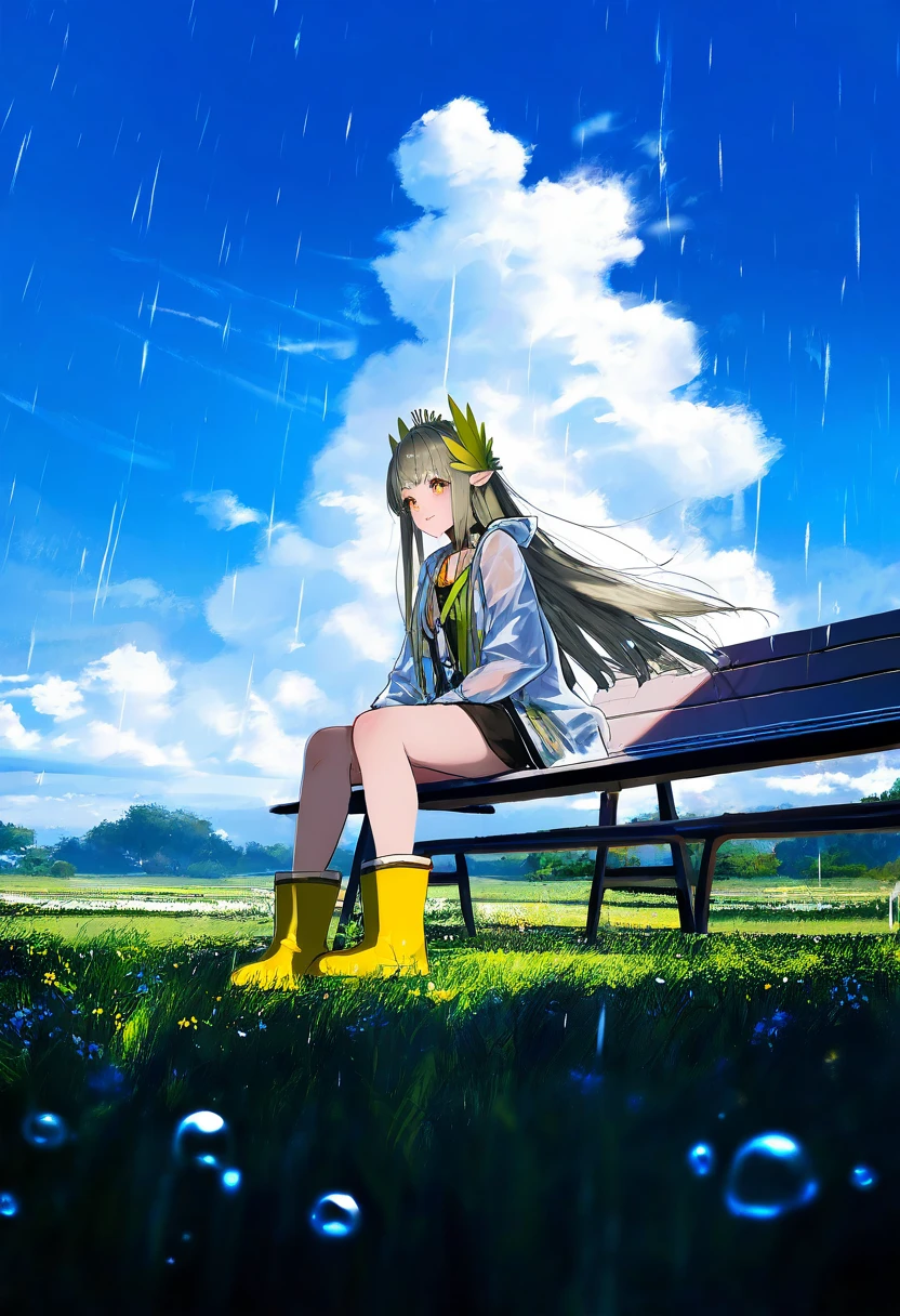 milkychu,hoji\(hooooooooji1029\),yoshinari you,mika pikazo,wlop, - 1girl,muelsyse \(arknights\),arknights,cloudy sky,grass,on bench,outdoors,rain,road,yellow rubber boots,see-through coat,sitting,transparent raincoat,water drop,