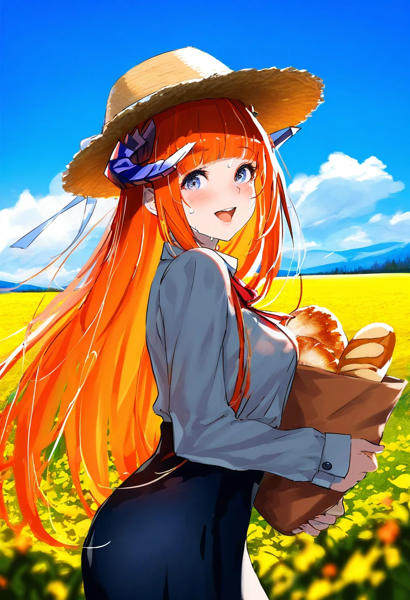 milkychu,hoji\(hooooooooji1029\),yoshinari you,mika pikazo,wlop, - 1girl,bagpipe \(arknights\),arknights,baguette,blush,bread,croissant,holding basket,pretzel,upper body,straw hat,field,sky,laughing,sweat,sunlight,