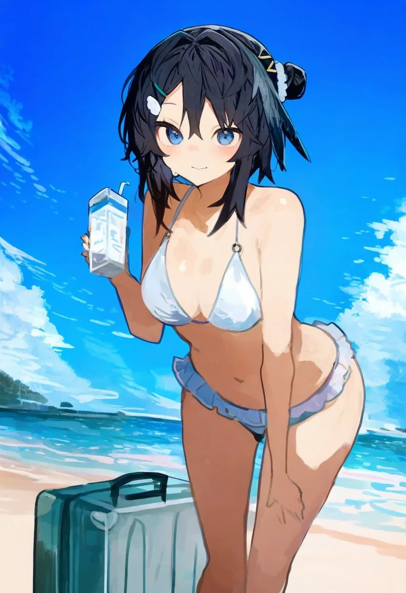 kaamin \(mariarose753\),milk panda,ask\(askzy\),ikeuchi tanuma,kukka, - 1girl,la pluma \(summer flowers\) \(arknights\),arknights,white bikini,outdoors,navel,day,sky,blue sky,beach,suitcase,looking at viewer,ocean,low-tied long hair,leaning forward,standing,holding,frills,hand up,bare shoulders,floating hair,