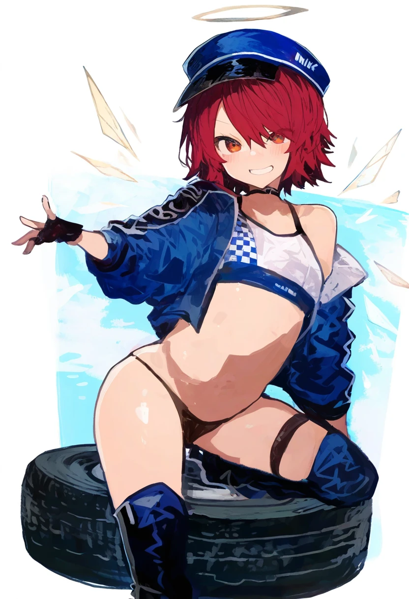 kaamin \(mariarose753\),milk panda,ask\(askzy\),ikeuchi tanuma,kukka, - 1girl,exusiai \(arknights\),arknights,black gloves,black panties,blue thigh boots,blue hat,blue jacket,long sleeves,race queen,thigh strap,thong,single bare shoulder,skindentation,tire,