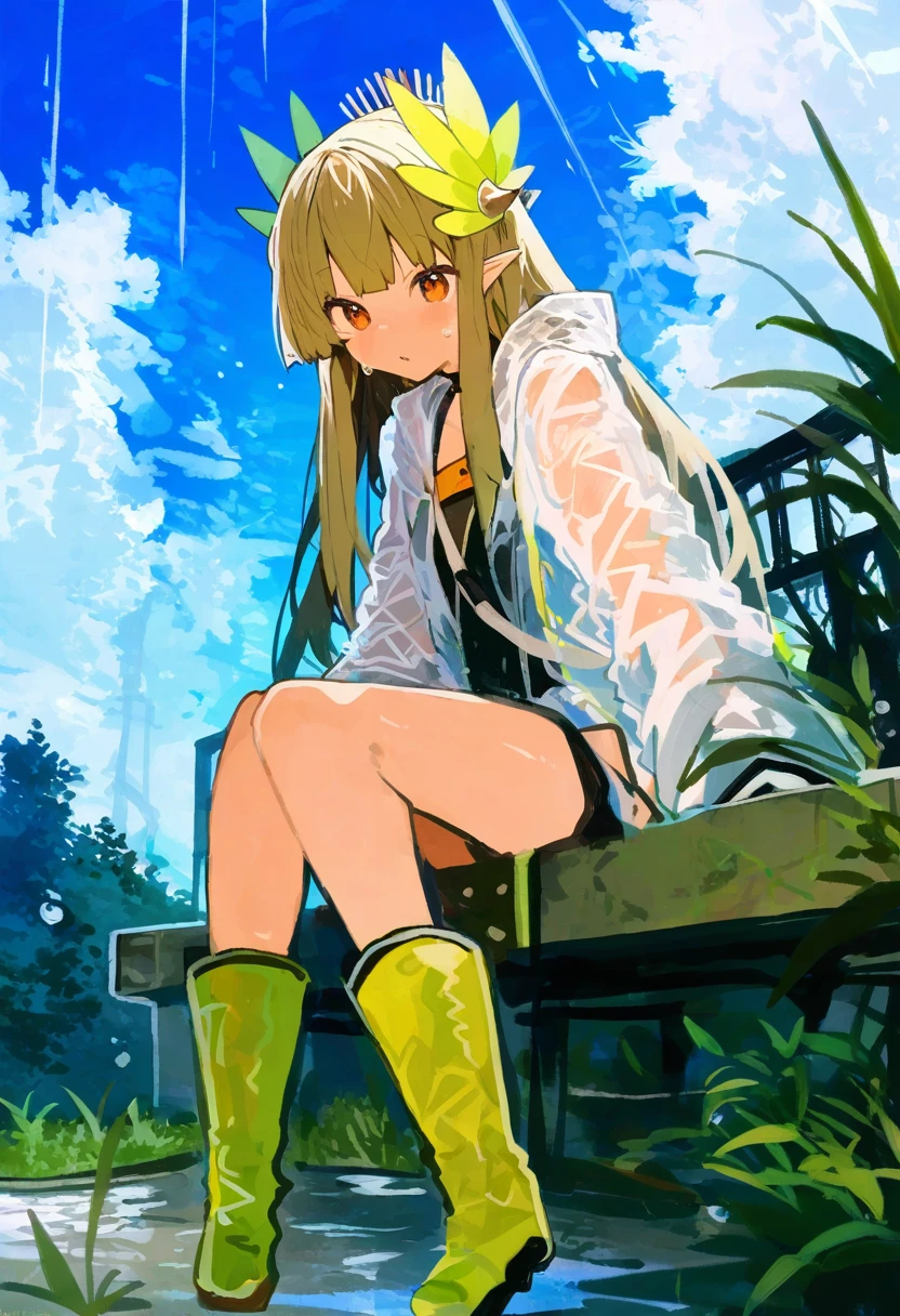 kaamin \(mariarose753\),milk panda,ask\(askzy\),ikeuchi tanuma,kukka, - 1girl,muelsyse \(arknights\),arknights,cloudy sky,grass,on bench,outdoors,rain,road,yellow rubber boots,see-through coat,sitting,transparent raincoat,water drop,