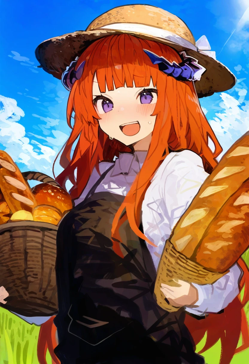 kaamin \(mariarose753\),milk panda,ask\(askzy\),ikeuchi tanuma,kukka, - 1girl,bagpipe \(arknights\),arknights,baguette,blush,bread,croissant,holding basket,pretzel,upper body,straw hat,field,sky,laughing,sweat,sunlight,
