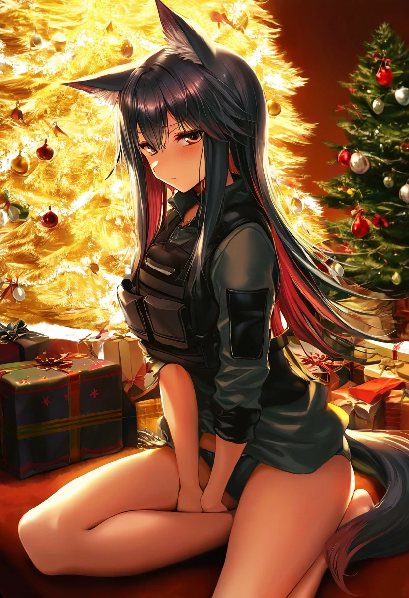 piromizu,kuromiya,sho \(sho lwlw\),infukun, - 1girl,texas \(arknights\),arknights,underwear,tactical vest,christmas tree,christmas ornaments,