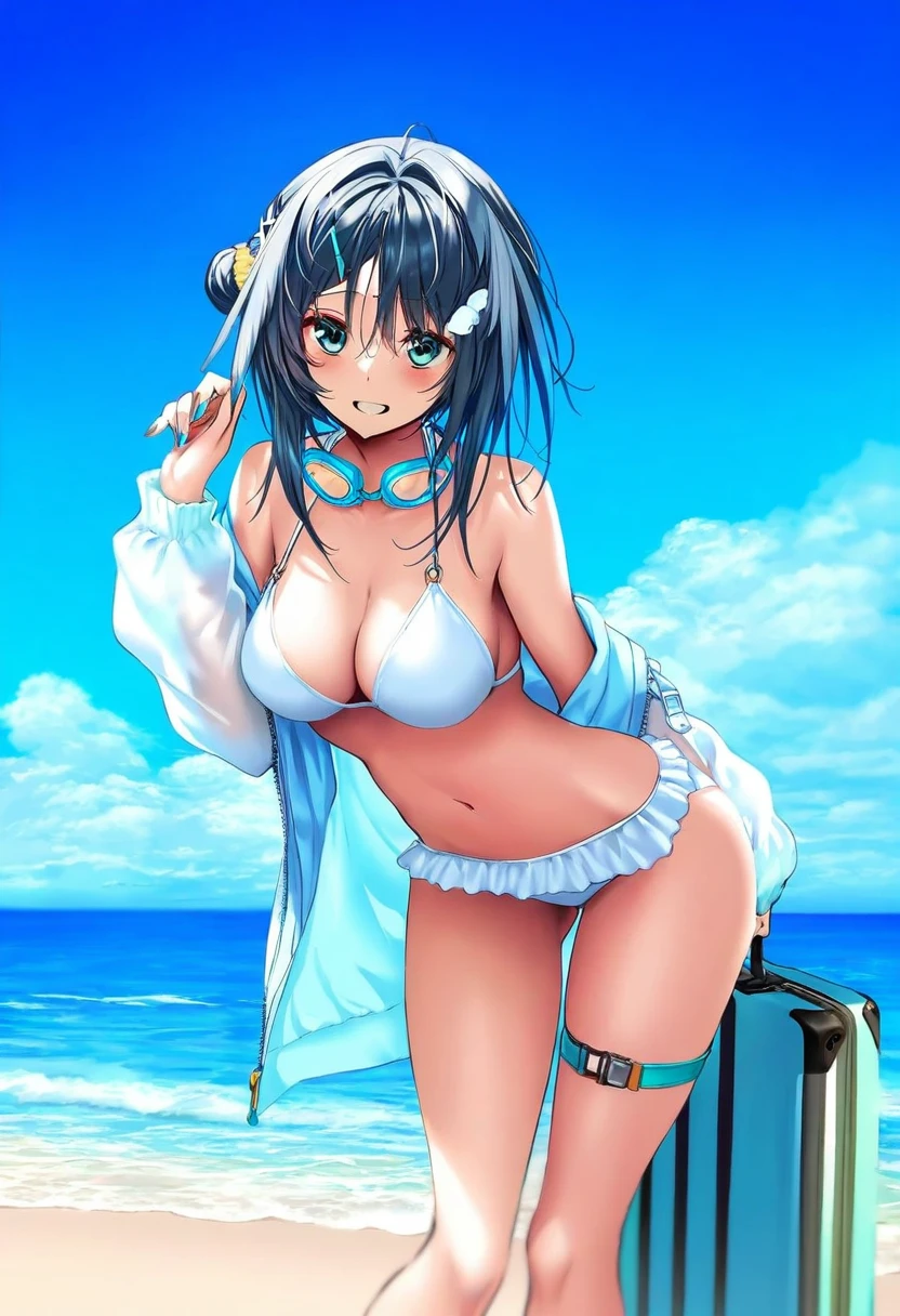 piromizu,kuromiya,sho \(sho lwlw\),infukun, - 1girl,la pluma \(summer flowers\) \(arknights\),arknights,white bikini,outdoors,navel,day,sky,blue sky,beach,suitcase,looking at viewer,ocean,low-tied long hair,leaning forward,standing,holding,frills,hand up,bare shoulders,floating hair,