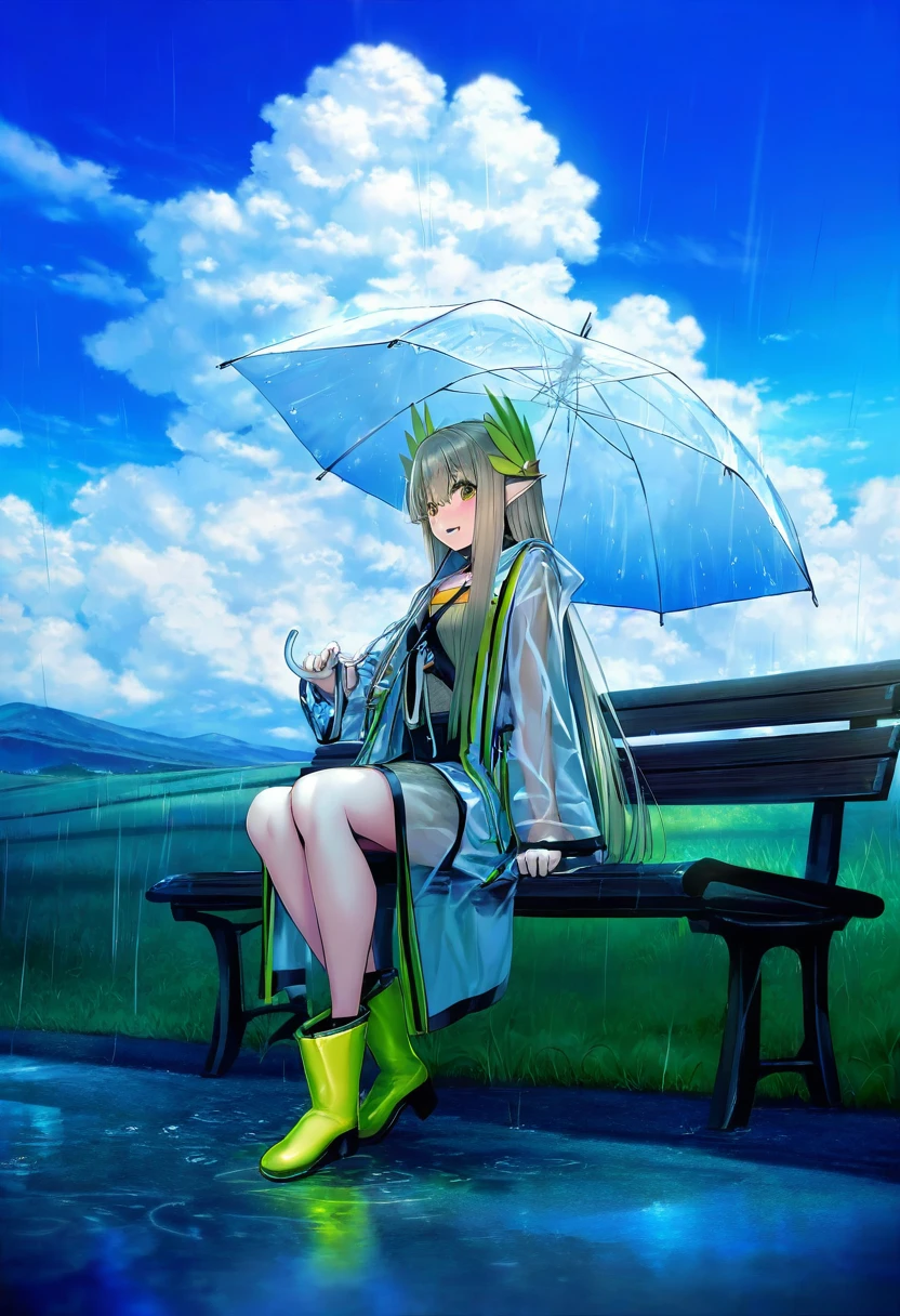 piromizu,kuromiya,sho \(sho lwlw\),infukun, - 1girl,muelsyse \(arknights\),arknights,cloudy sky,grass,on bench,outdoors,rain,road,yellow rubber boots,see-through coat,sitting,transparent raincoat,water drop,