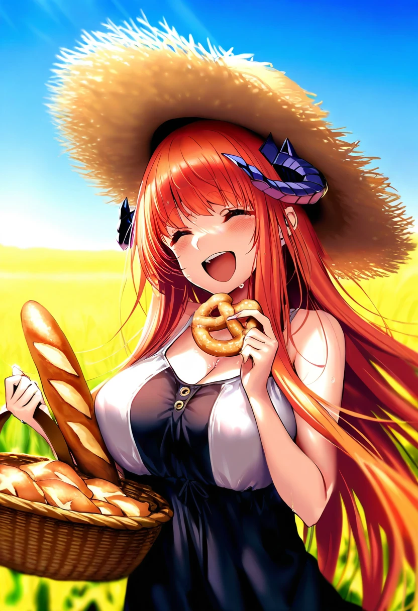 piromizu,kuromiya,sho \(sho lwlw\),infukun, - 1girl,bagpipe \(arknights\),arknights,baguette,blush,bread,croissant,holding basket,pretzel,upper body,straw hat,field,sky,laughing,sweat,sunlight,