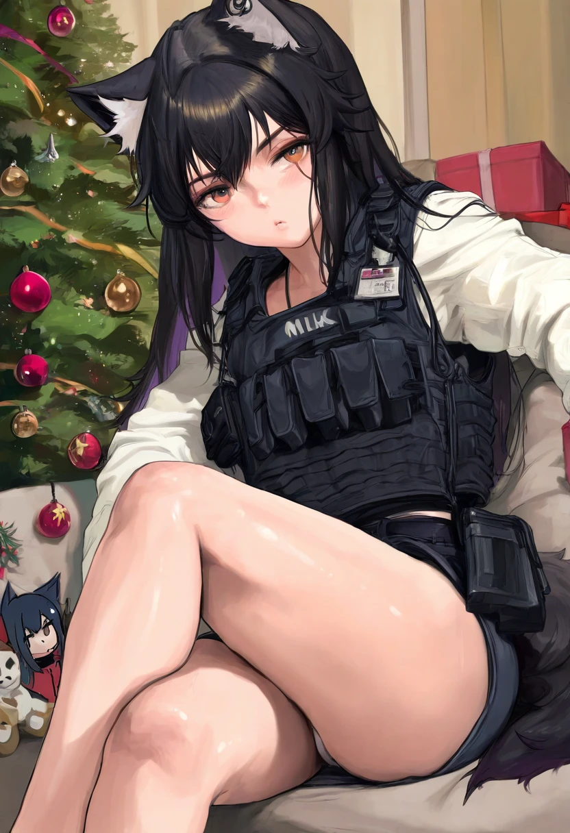 fkey,cutesexyrobutts,milk panda,mamimi\(mamamimi\),namie,milkychu,tokkyu, - 1girl,texas \(arknights\),arknights,underwear,tactical vest,christmas tree,christmas ornaments,