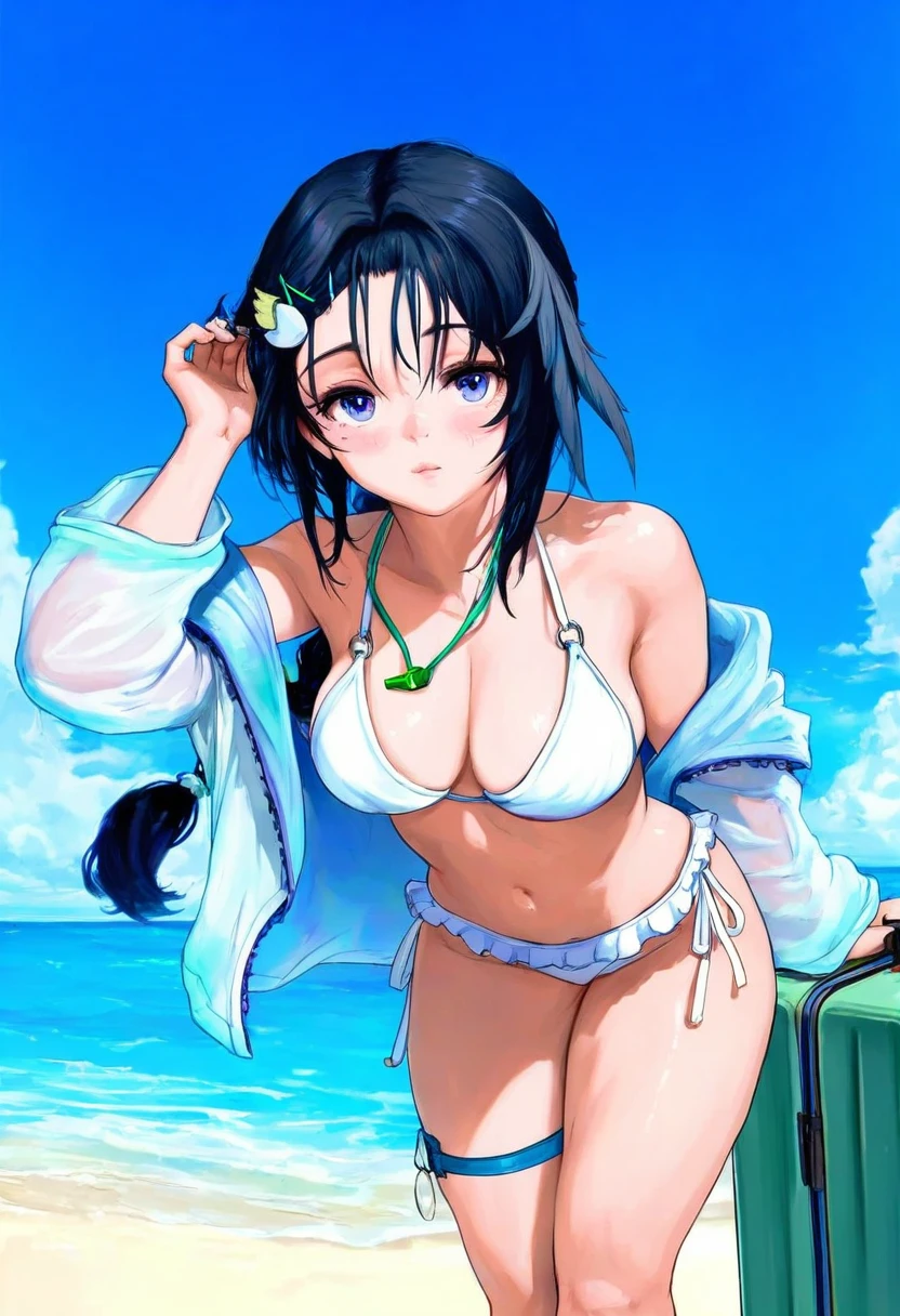 fkey,cutesexyrobutts,milk panda,mamimi\(mamamimi\),namie,milkychu,tokkyu, - 1girl,la pluma \(summer flowers\) \(arknights\),arknights,white bikini,outdoors,navel,day,sky,blue sky,beach,suitcase,looking at viewer,ocean,low-tied long hair,leaning forward,standing,holding,frills,hand up,bare shoulders,floating hair,