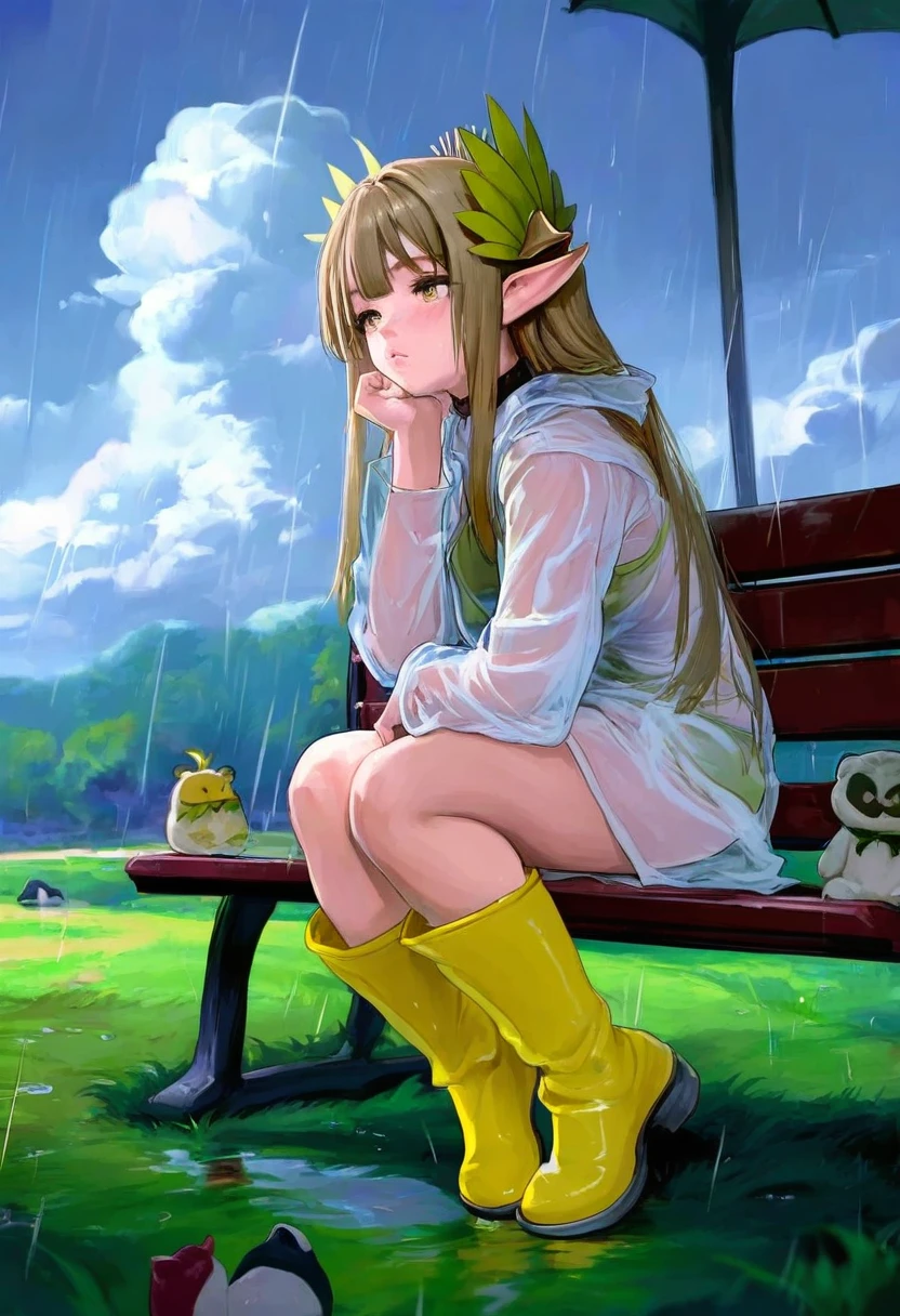 fkey,cutesexyrobutts,milk panda,mamimi\(mamamimi\),namie,milkychu,tokkyu, - 1girl,muelsyse \(arknights\),arknights,cloudy sky,grass,on bench,outdoors,rain,road,yellow rubber boots,see-through coat,sitting,transparent raincoat,water drop,