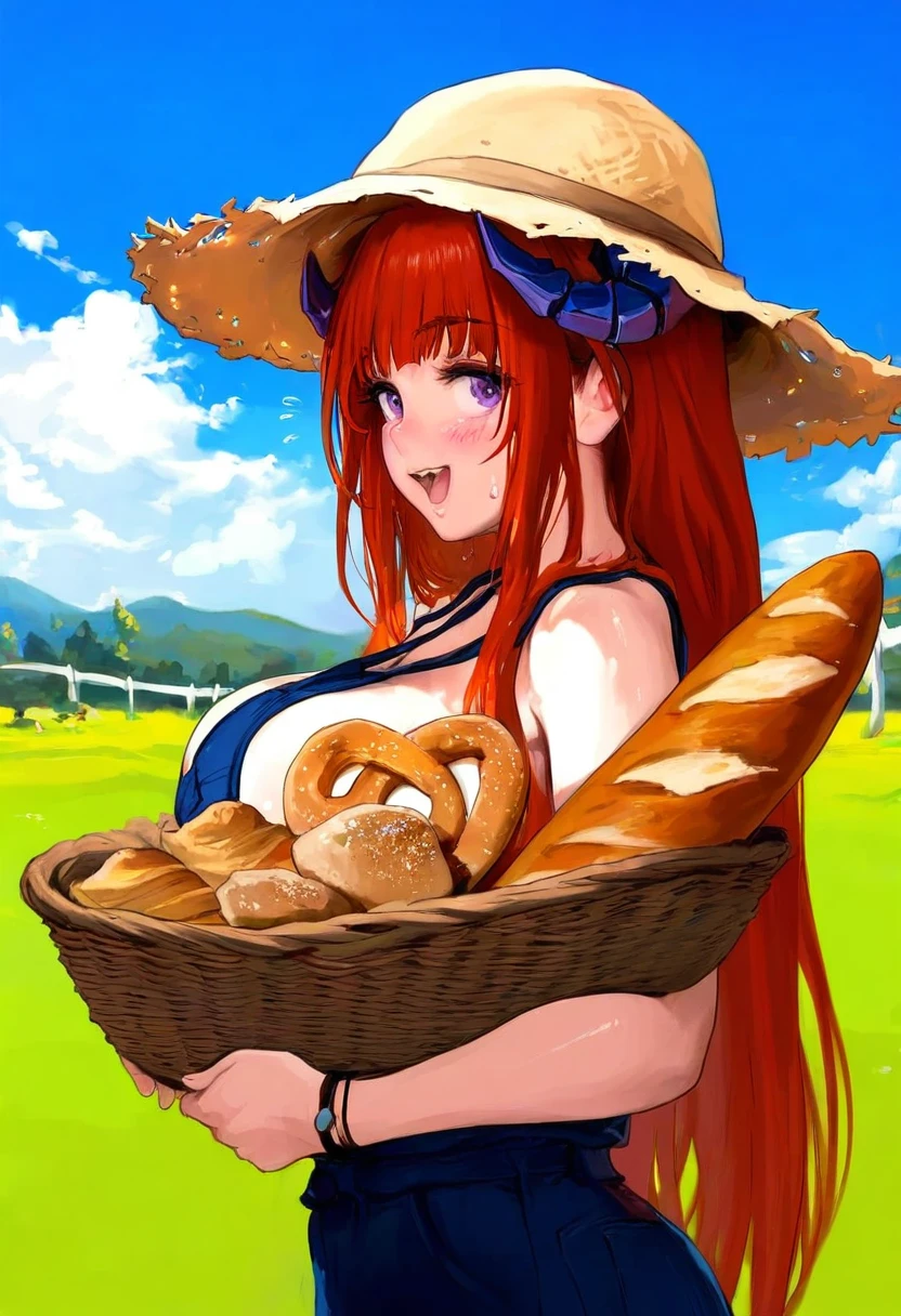 fkey,cutesexyrobutts,milk panda,mamimi\(mamamimi\),namie,milkychu,tokkyu, - 1girl,bagpipe \(arknights\),arknights,baguette,blush,bread,croissant,holding basket,pretzel,upper body,straw hat,field,sky,laughing,sweat,sunlight,