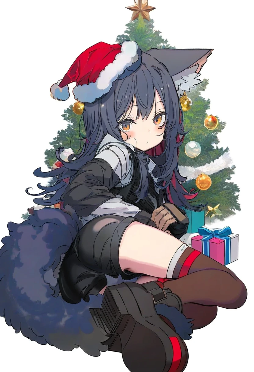 beni shake,kukka,alphonse\(white datura\),infukun,mika pikazo, - 1girl,texas \(arknights\),arknights,underwear,tactical vest,christmas tree,christmas ornaments,