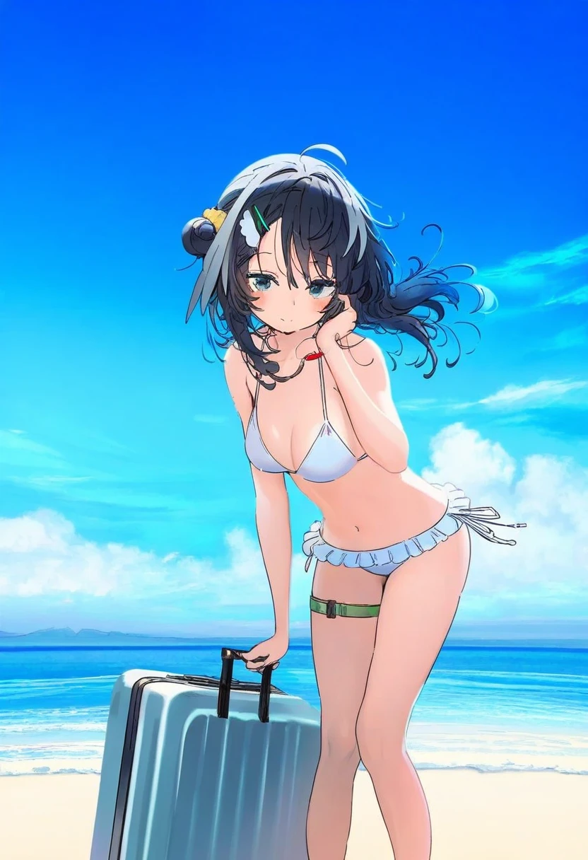 beni shake,kukka,alphonse\(white datura\),infukun,mika pikazo, - 1girl,la pluma \(summer flowers\) \(arknights\),arknights,white bikini,outdoors,navel,day,sky,blue sky,beach,suitcase,looking at viewer,ocean,low-tied long hair,leaning forward,standing,holding,frills,hand up,bare shoulders,floating hair,
