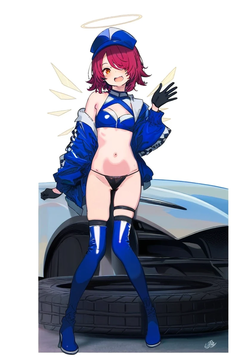 beni shake,kukka,alphonse\(white datura\),infukun,mika pikazo, - 1girl,exusiai \(arknights\),arknights,black gloves,black panties,blue thigh boots,blue hat,blue jacket,long sleeves,race queen,thigh strap,thong,single bare shoulder,skindentation,tire,