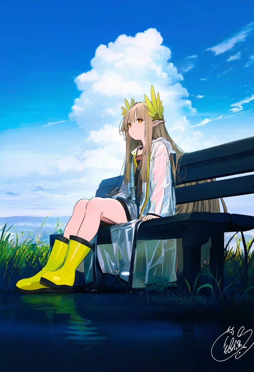 beni shake,kukka,alphonse\(white datura\),infukun,mika pikazo, - 1girl,muelsyse \(arknights\),arknights,cloudy sky,grass,on bench,outdoors,rain,road,yellow rubber boots,see-through coat,sitting,transparent raincoat,water drop,