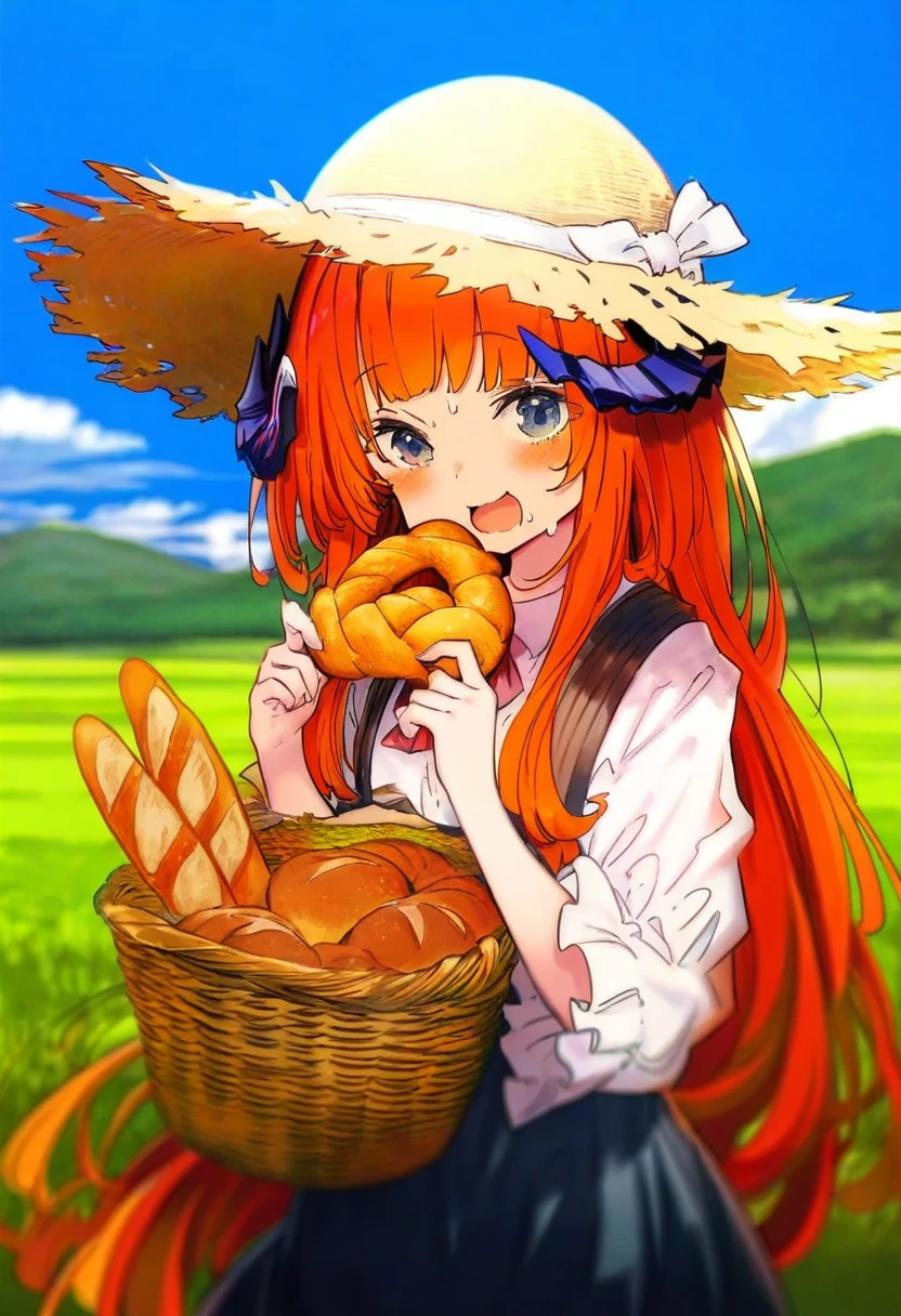 beni shake,kukka,alphonse\(white datura\),infukun,mika pikazo, - 1girl,bagpipe \(arknights\),arknights,baguette,blush,bread,croissant,holding basket,pretzel,upper body,straw hat,field,sky,laughing,sweat,sunlight,