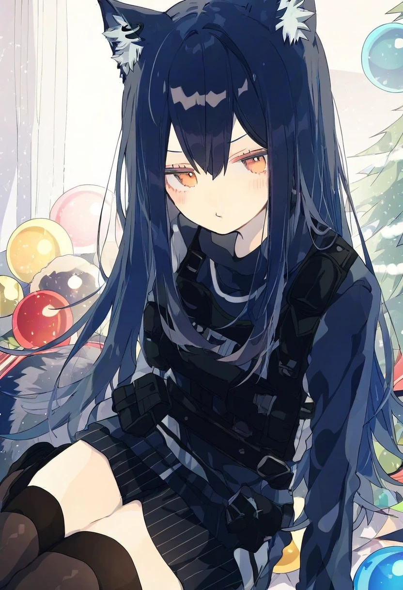 hyouuma,wanke,nikorashi-ka,sofra,you shimizu, - 1girl,texas \(arknights\),arknights,underwear,tactical vest,christmas tree,christmas ornaments,