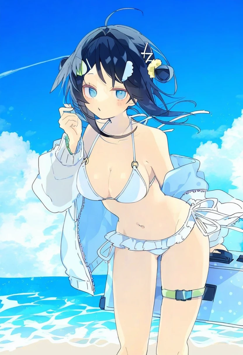 hyouuma,wanke,nikorashi-ka,sofra,you shimizu, - 1girl,la pluma \(summer flowers\) \(arknights\),arknights,white bikini,outdoors,navel,day,sky,blue sky,beach,suitcase,looking at viewer,ocean,low-tied long hair,leaning forward,standing,holding,frills,hand up,bare shoulders,floating hair,