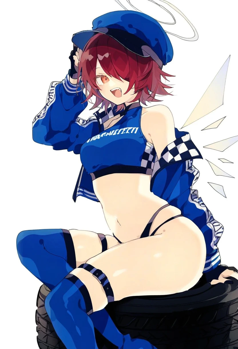 hyouuma,wanke,nikorashi-ka,sofra,you shimizu, - 1girl,exusiai \(arknights\),arknights,black gloves,black panties,blue thigh boots,blue hat,blue jacket,long sleeves,race queen,thigh strap,thong,single bare shoulder,skindentation,tire,