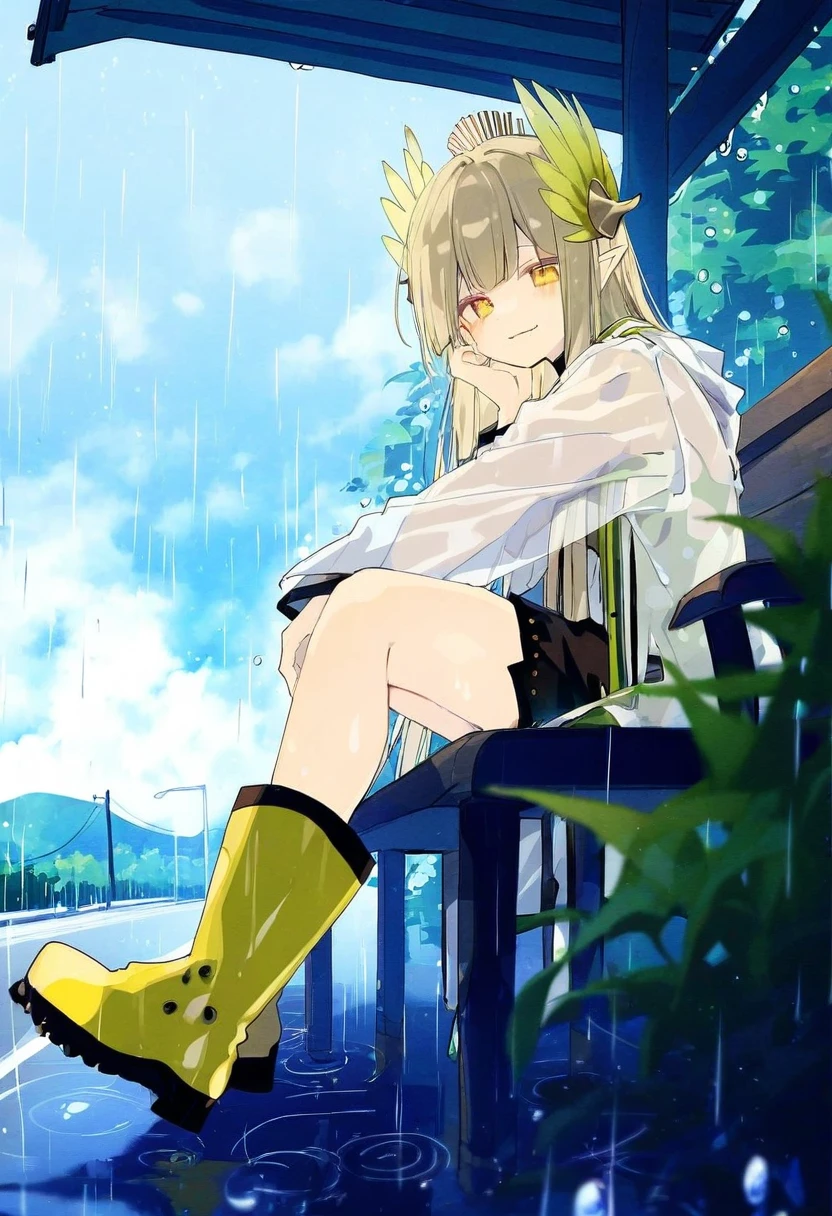 hyouuma,wanke,nikorashi-ka,sofra,you shimizu, - 1girl,muelsyse \(arknights\),arknights,cloudy sky,grass,on bench,outdoors,rain,road,yellow rubber boots,see-through coat,sitting,transparent raincoat,water drop,