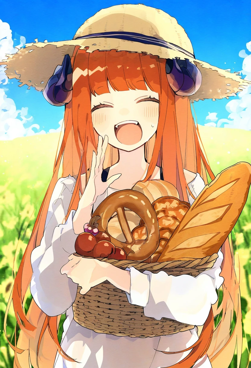 hyouuma,wanke,nikorashi-ka,sofra,you shimizu, - 1girl,bagpipe \(arknights\),arknights,baguette,blush,bread,croissant,holding basket,pretzel,upper body,straw hat,field,sky,laughing,sweat,sunlight,