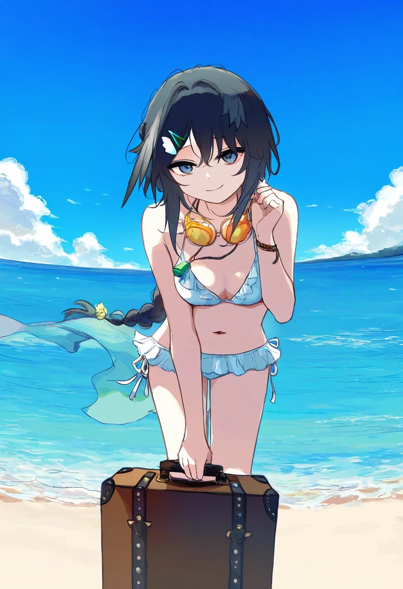 kukka,avogado6,hews,kawacy,sheya,xinzoruo,hyouuma, - 1girl,la pluma \(summer flowers\) \(arknights\),arknights,white bikini,outdoors,navel,day,sky,blue sky,beach,suitcase,looking at viewer,ocean,low-tied long hair,leaning forward,standing,holding,frills,hand up,bare shoulders,floating hair,