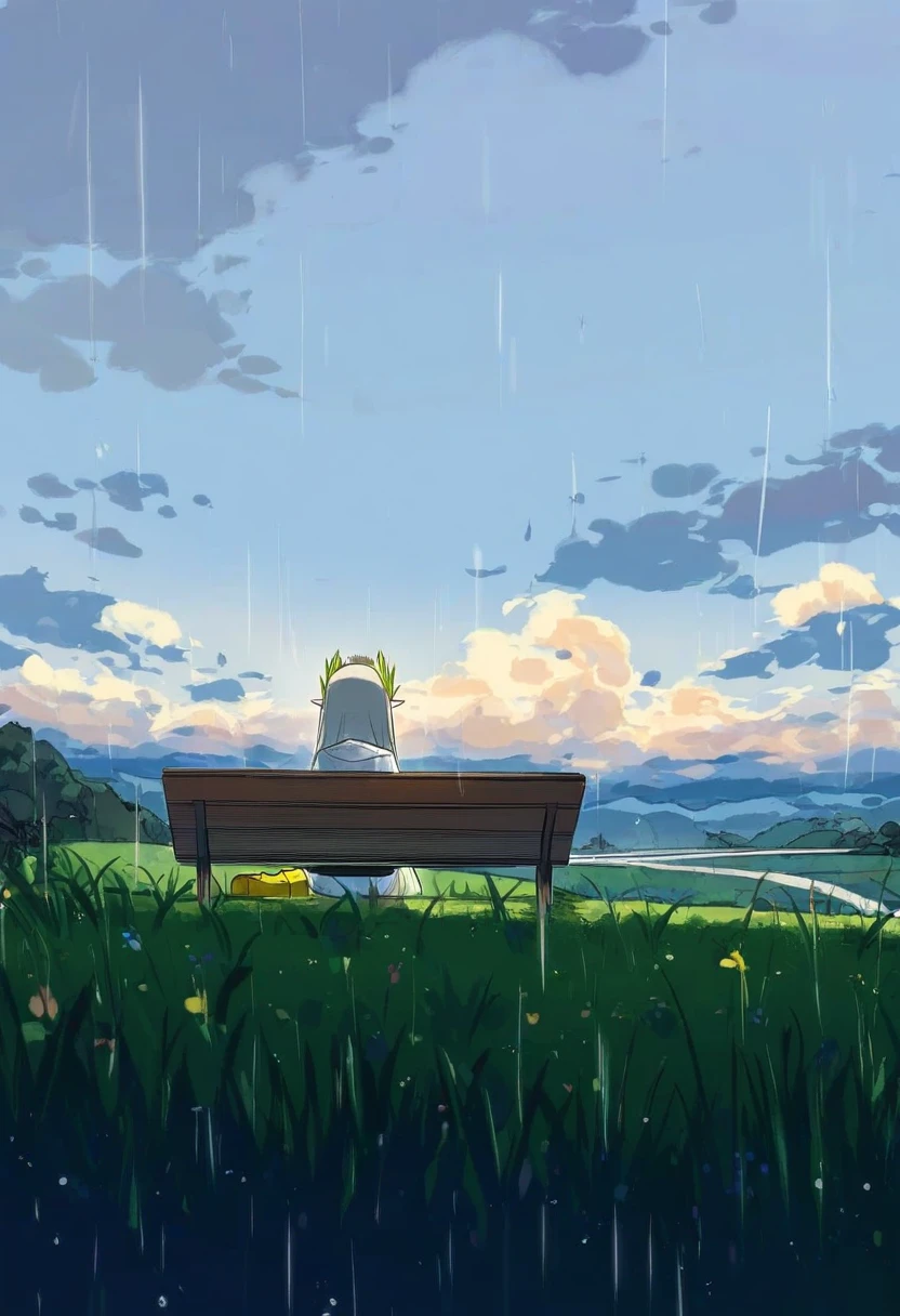 kukka,avogado6,hews,kawacy,sheya,xinzoruo,hyouuma, - 1girl,muelsyse \(arknights\),arknights,cloudy sky,grass,on bench,outdoors,rain,road,yellow rubber boots,see-through coat,sitting,transparent raincoat,water drop,