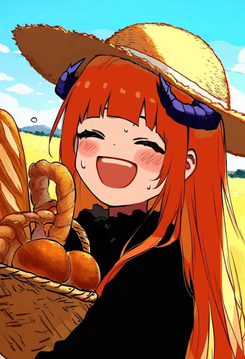 kukka,avogado6,hews,kawacy,sheya,xinzoruo,hyouuma, - 1girl,bagpipe \(arknights\),arknights,baguette,blush,bread,croissant,holding basket,pretzel,upper body,straw hat,field,sky,laughing,sweat,sunlight,