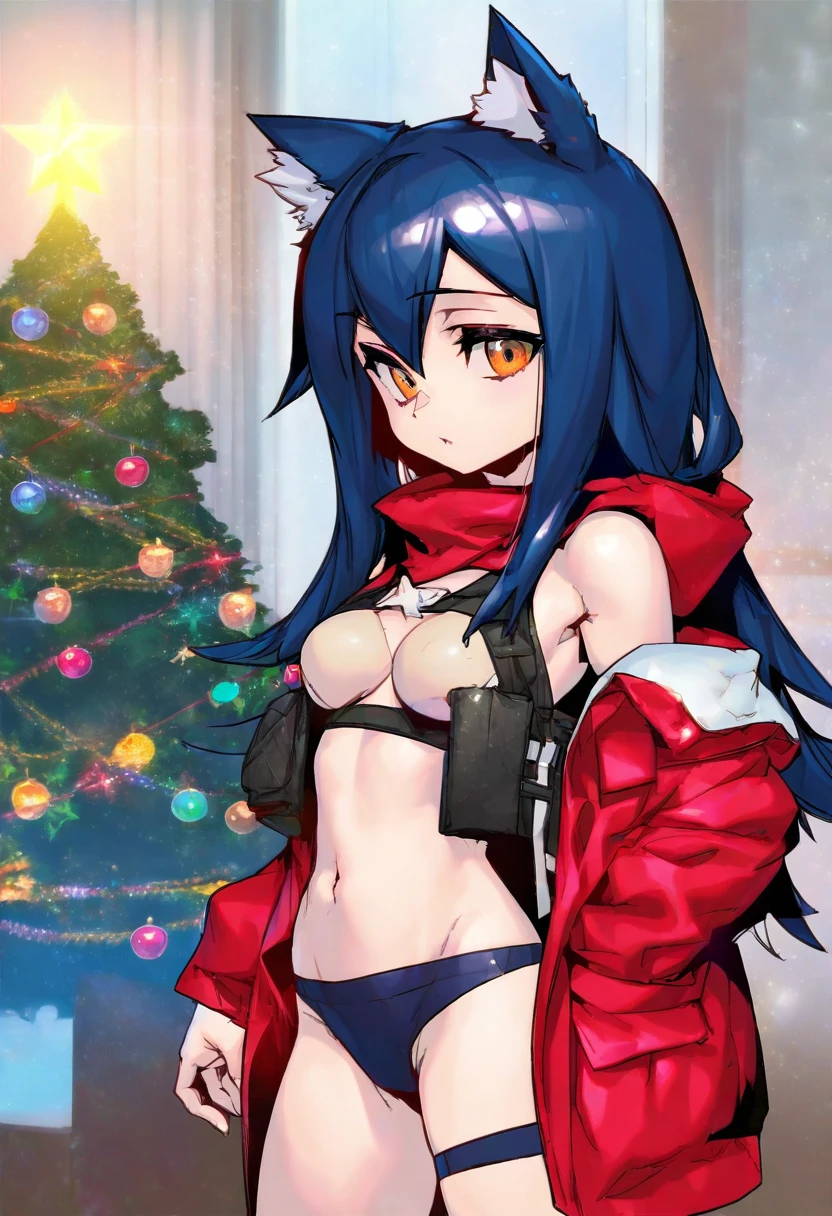 reoen,yago8 pp3,amazuyu tatsuki,phantom ix row,mika pikazo, - 1girl,texas \(arknights\),arknights,underwear,tactical vest,christmas tree,christmas ornaments,