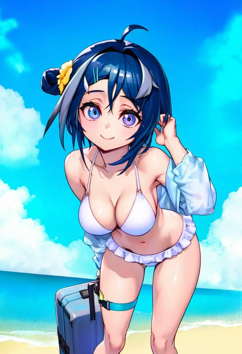 reoen,yago8 pp3,amazuyu tatsuki,phantom ix row,mika pikazo, - 1girl,la pluma \(summer flowers\) \(arknights\),arknights,white bikini,outdoors,navel,day,sky,blue sky,beach,suitcase,looking at viewer,ocean,low-tied long hair,leaning forward,standing,holding,frills,hand up,bare shoulders,floating hair,