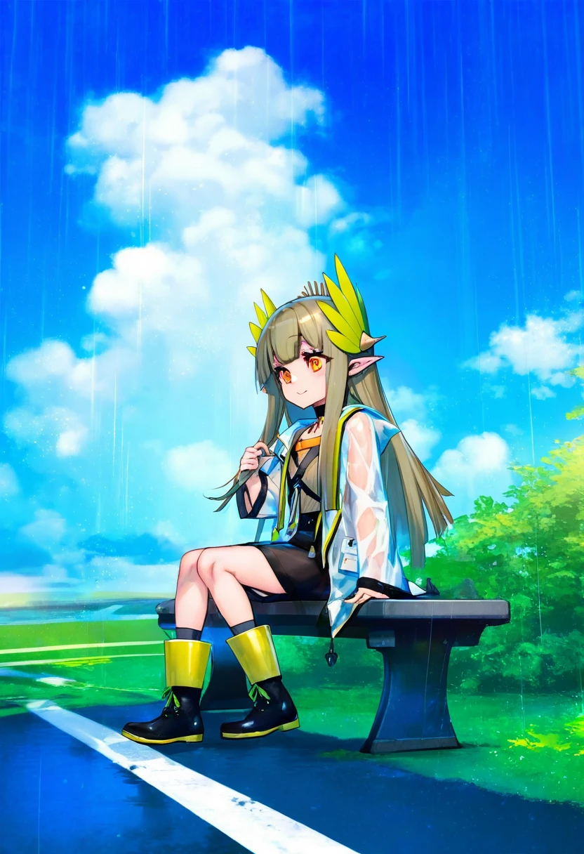 reoen,yago8 pp3,amazuyu tatsuki,phantom ix row,mika pikazo, - 1girl,muelsyse \(arknights\),arknights,cloudy sky,grass,on bench,outdoors,rain,road,yellow rubber boots,see-through coat,sitting,transparent raincoat,water drop,