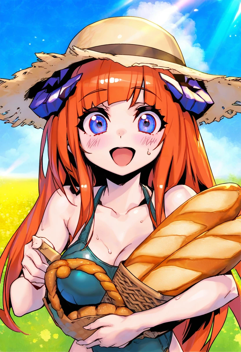 reoen,yago8 pp3,amazuyu tatsuki,phantom ix row,mika pikazo, - 1girl,bagpipe \(arknights\),arknights,baguette,blush,bread,croissant,holding basket,pretzel,upper body,straw hat,field,sky,laughing,sweat,sunlight,