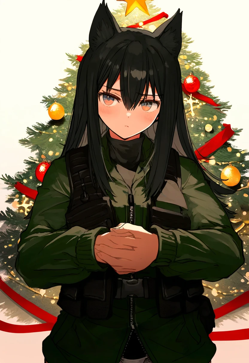 as109,qtonagi,potg\(piotegu\),tony taka,null \(nyanpyoun\),itomugi-kun, - 1girl,texas \(arknights\),arknights,underwear,tactical vest,christmas tree,christmas ornaments,