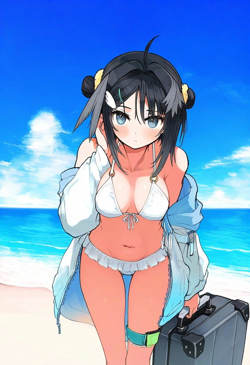 as109,qtonagi,potg\(piotegu\),tony taka,null \(nyanpyoun\),itomugi-kun, - 1girl,la pluma \(summer flowers\) \(arknights\),arknights,white bikini,outdoors,navel,day,sky,blue sky,beach,suitcase,looking at viewer,ocean,low-tied long hair,leaning forward,standing,holding,frills,hand up,bare shoulders,floating hair,