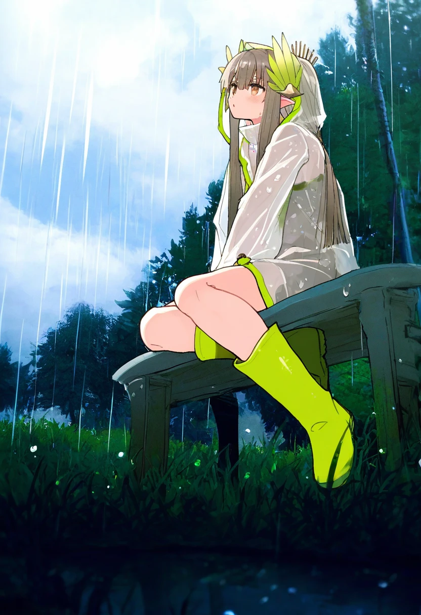as109,qtonagi,potg\(piotegu\),tony taka,null \(nyanpyoun\),itomugi-kun, - 1girl,muelsyse \(arknights\),arknights,cloudy sky,grass,on bench,outdoors,rain,road,yellow rubber boots,see-through coat,sitting,transparent raincoat,water drop,