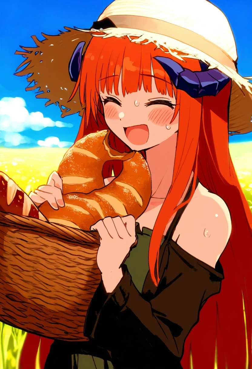 as109,qtonagi,potg\(piotegu\),tony taka,null \(nyanpyoun\),itomugi-kun, - 1girl,bagpipe \(arknights\),arknights,baguette,blush,bread,croissant,holding basket,pretzel,upper body,straw hat,field,sky,laughing,sweat,sunlight,