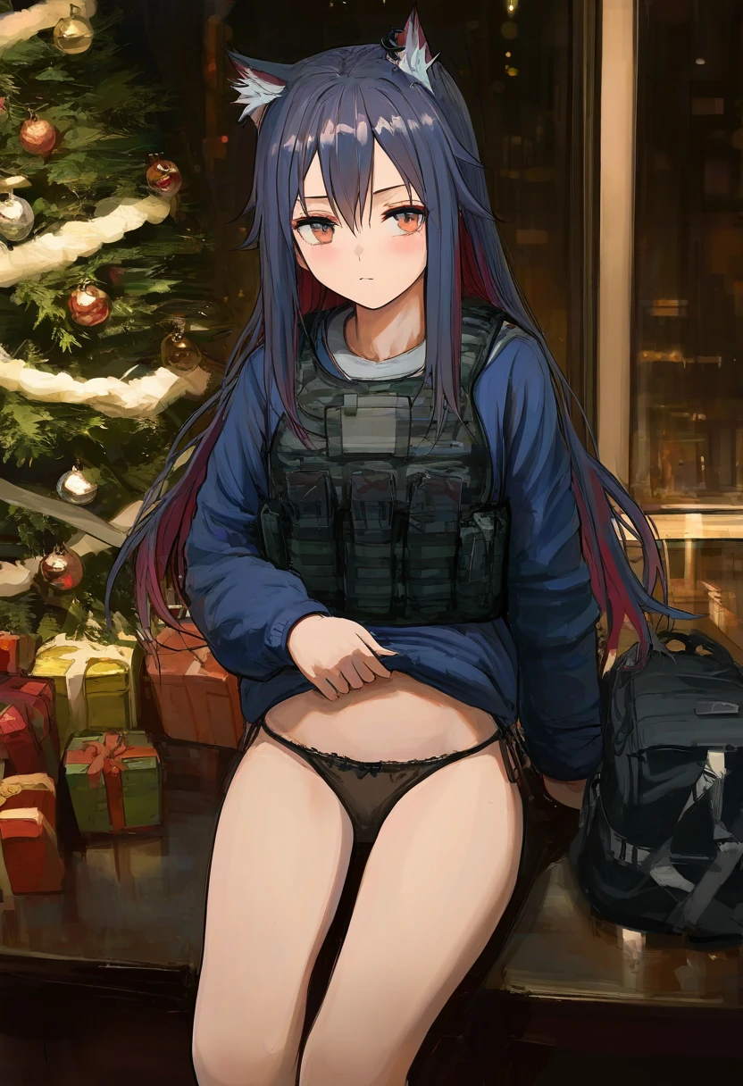 ((shion\(mirudakemann\))),[[misaka 12003-gou,cogecha,anmi,huanxiang heitu,fkey]], - 1girl,texas \(arknights\),arknights,underwear,tactical vest,christmas tree,christmas ornaments,