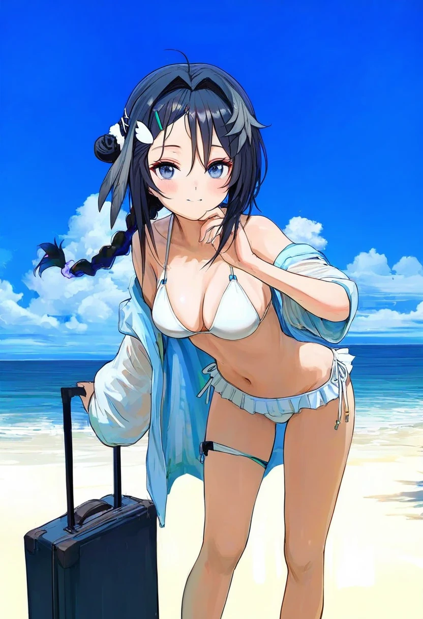 ((shion\(mirudakemann\))),[[misaka 12003-gou,cogecha,anmi,huanxiang heitu,fkey]], - 1girl,la pluma \(summer flowers\) \(arknights\),arknights,white bikini,outdoors,navel,day,sky,blue sky,beach,suitcase,looking at viewer,ocean,low-tied long hair,leaning forward,standing,holding,frills,hand up,bare shoulders,floating hair,