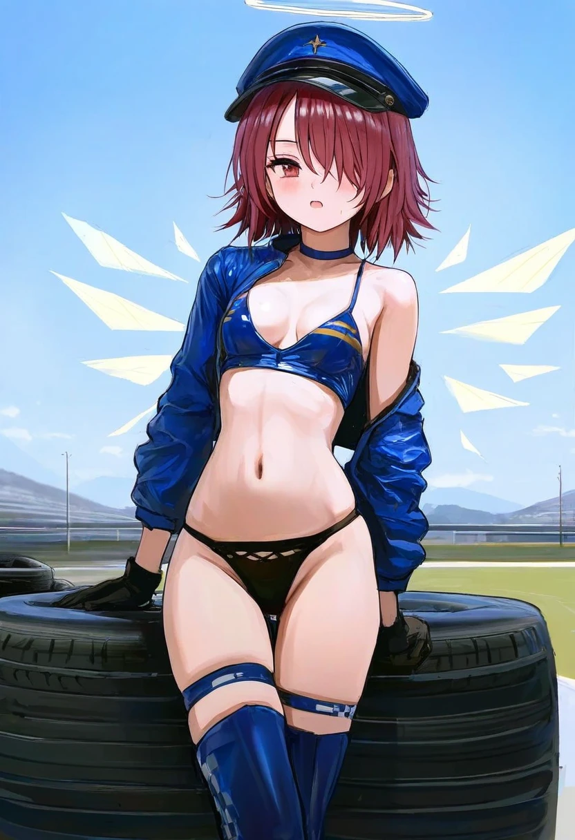 ((shion\(mirudakemann\))),[[misaka 12003-gou,cogecha,anmi,huanxiang heitu,fkey]], - 1girl,exusiai \(arknights\),arknights,black gloves,black panties,blue thigh boots,blue hat,blue jacket,long sleeves,race queen,thigh strap,thong,single bare shoulder,skindentation,tire,