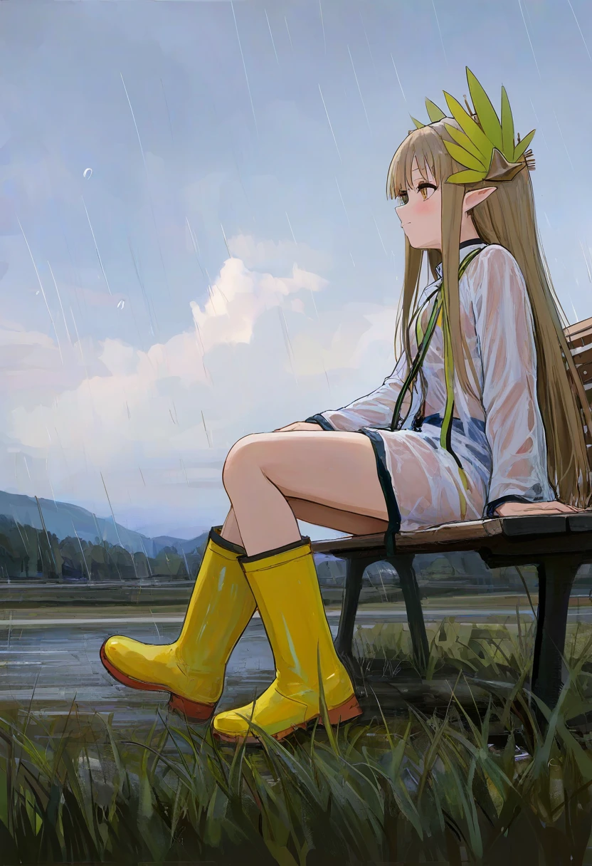 ((shion\(mirudakemann\))),[[misaka 12003-gou,cogecha,anmi,huanxiang heitu,fkey]], - 1girl,muelsyse \(arknights\),arknights,cloudy sky,grass,on bench,outdoors,rain,road,yellow rubber boots,see-through coat,sitting,transparent raincoat,water drop,