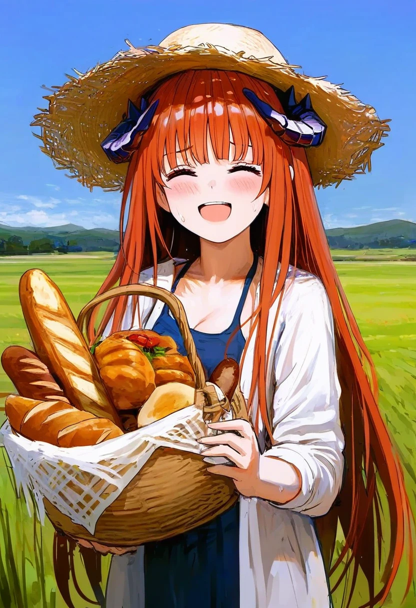 ((shion\(mirudakemann\))),[[misaka 12003-gou,cogecha,anmi,huanxiang heitu,fkey]], - 1girl,bagpipe \(arknights\),arknights,baguette,blush,bread,croissant,holding basket,pretzel,upper body,straw hat,field,sky,laughing,sweat,sunlight,