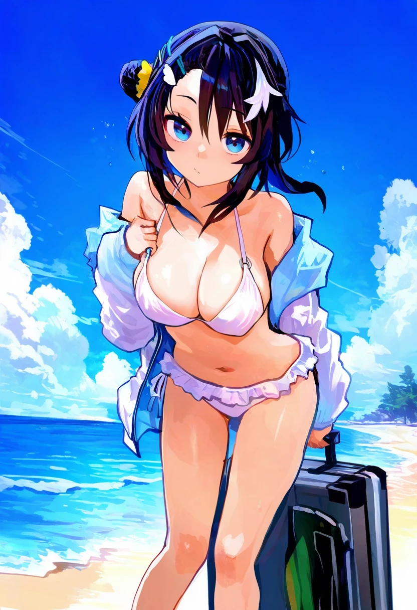 fuzichoco,amazuyu tatsuki,misaka 12003-gou,kaamin \(mariarose753\),as109,fkey, - 1girl,la pluma \(summer flowers\) \(arknights\),arknights,white bikini,outdoors,navel,day,sky,blue sky,beach,suitcase,looking at viewer,ocean,low-tied long hair,leaning forward,standing,holding,frills,hand up,bare shoulders,floating hair,