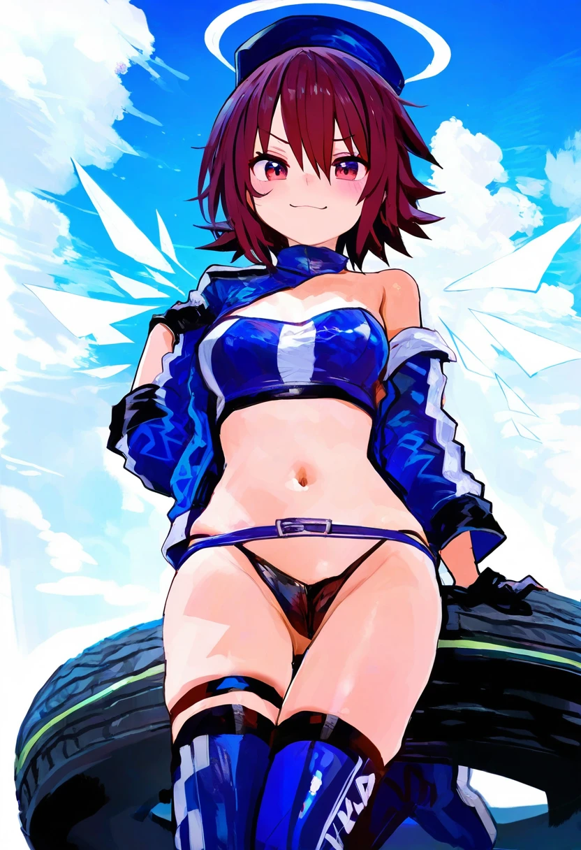 fuzichoco,amazuyu tatsuki,misaka 12003-gou,kaamin \(mariarose753\),as109,fkey, - 1girl,exusiai \(arknights\),arknights,black gloves,black panties,blue thigh boots,blue hat,blue jacket,long sleeves,race queen,thigh strap,thong,single bare shoulder,skindentation,tire,