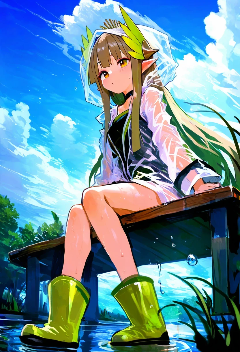 fuzichoco,amazuyu tatsuki,misaka 12003-gou,kaamin \(mariarose753\),as109,fkey, - 1girl,muelsyse \(arknights\),arknights,cloudy sky,grass,on bench,outdoors,rain,road,yellow rubber boots,see-through coat,sitting,transparent raincoat,water drop,